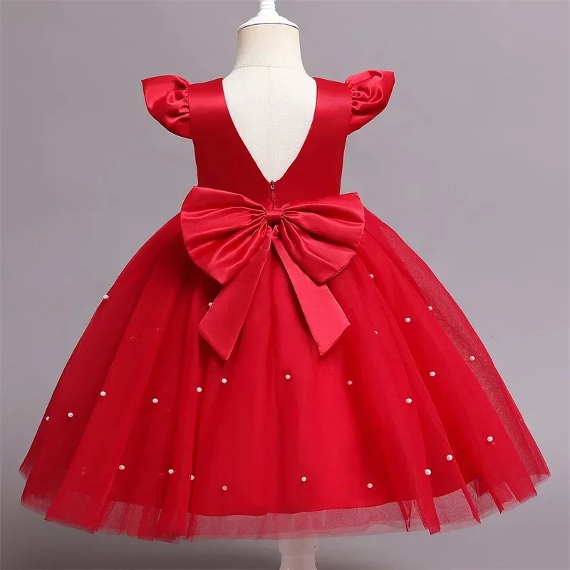 Toddler Girl Red Christmas Princess Dress Cute Baby Girl 1st Birthday Party Tutu Gown Newborn Backless Bow Beading Xmas Costume