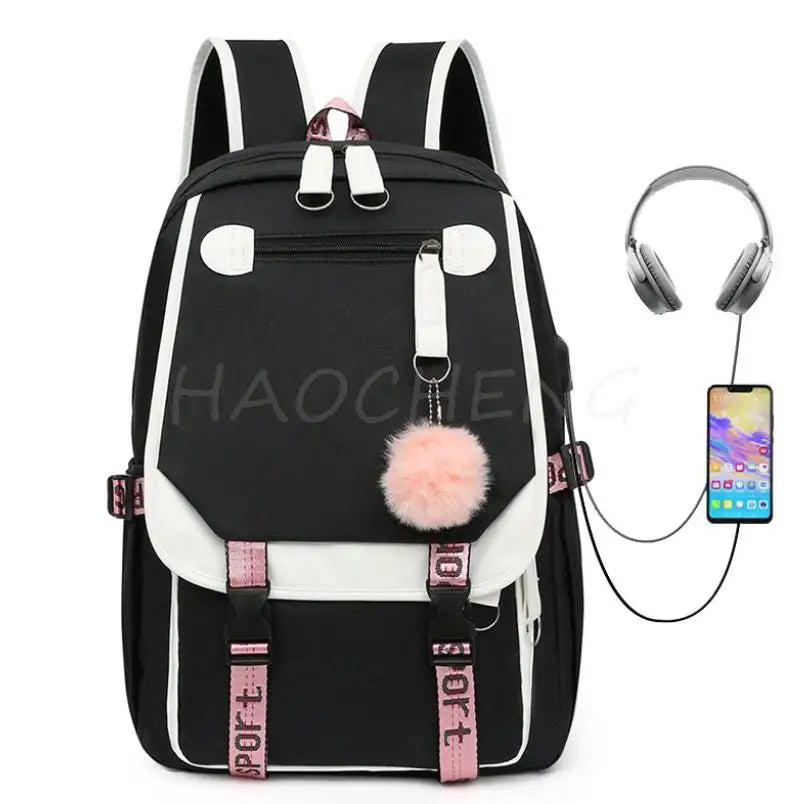 Lovely Kuromi Melody Backpacks USB Cartoon Purple Printed Boy Girls School Bag Students Bookbag Teens Women Mochila Escolar Niña