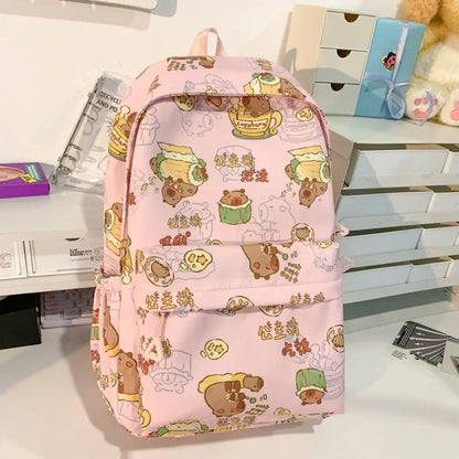 Kawaii Cartoon Capybara Backpack Funny Large Capacity Capybara School Bag Nylon Handbag Student Laptop Bag NO Pendant