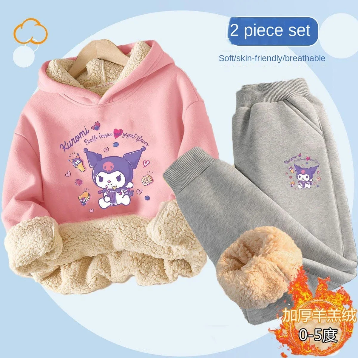 Kuromi Plush Warm Children's Clothing Set for Girls Thicken Fleece Lined Sweatshirt + Pants 2 Pcs Suit Winter Tracksuit