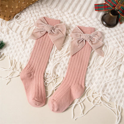 Baby Girls Knee High Socks Autumn Winter Kids Big Bow Long Soft Christmas Sparkly Sock Cotton Red Children Socken For 0-8 Years