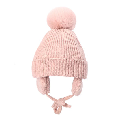 Winter Thick Baby Hat Big Pompom Beanie with Earflap Wool Plush Children Knitted Cap for Girls Boys Warm Kids Accessories 2-8T