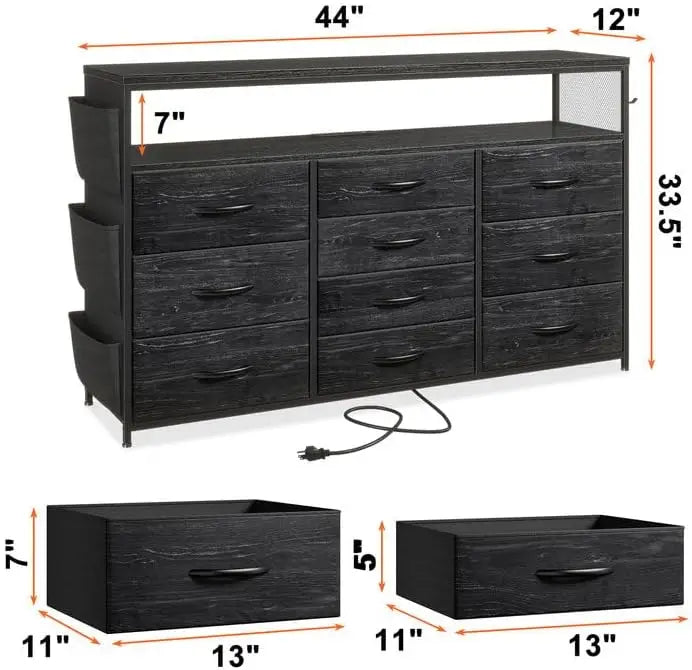 Dresser TV Stand with 10 Drawers for 55" TV Stand for Bedroom with LED Lights & Power Outlets Wide Dresser for Bedroom