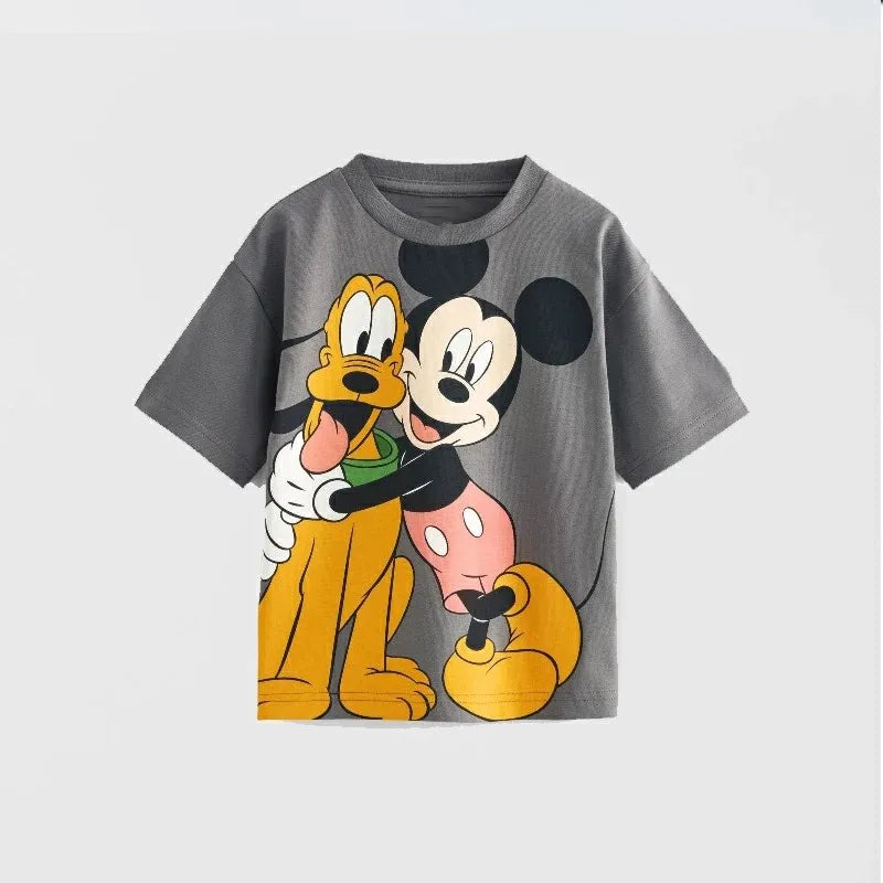 Mickey Mouse Print Tshirt Casual Loose Crewneck Pullover Base Shirt New Style Cartoon Tops Toddler Thin Soft Cute Short Sleeve