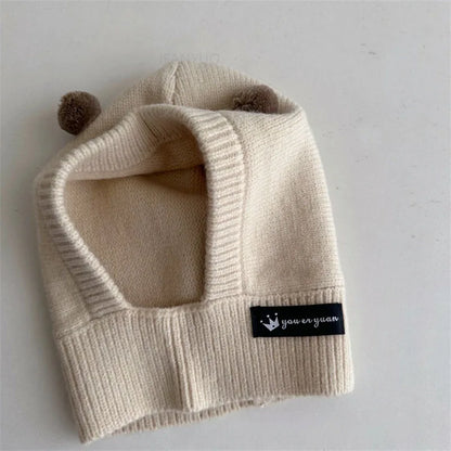 Baby Scarf Hat One-piece Knitted Cap Warm Cute Double Hairball Children Ear Protection Caps Korean Boys Girls Kid Windproof Hats