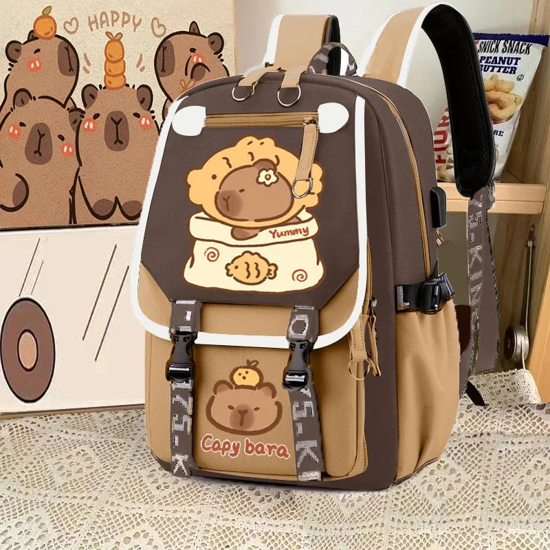 Cute Capybara Backpack Waterproof Large-Capacity Multi-Compartment Backpack Animal Print School Bag Capybara Plush Toy Included