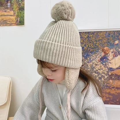 Winter Thick Baby Hat Big Pompom Beanie with Earflap Wool Plush Children Knitted Cap for Girls Boys Warm Kids Accessories 2-8T