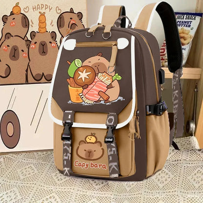 Cute Capybara Backpack Waterproof Large-Capacity Multi-Compartment Backpack Animal Print School Bag Capybara Plush Toy Included