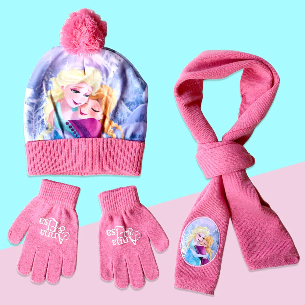 New Autumn Winter Children Hat Elsa Classics Disney Princess Cartoon Cap Scarf Hat Glove Warm knitted hat Girl Christmas Hat