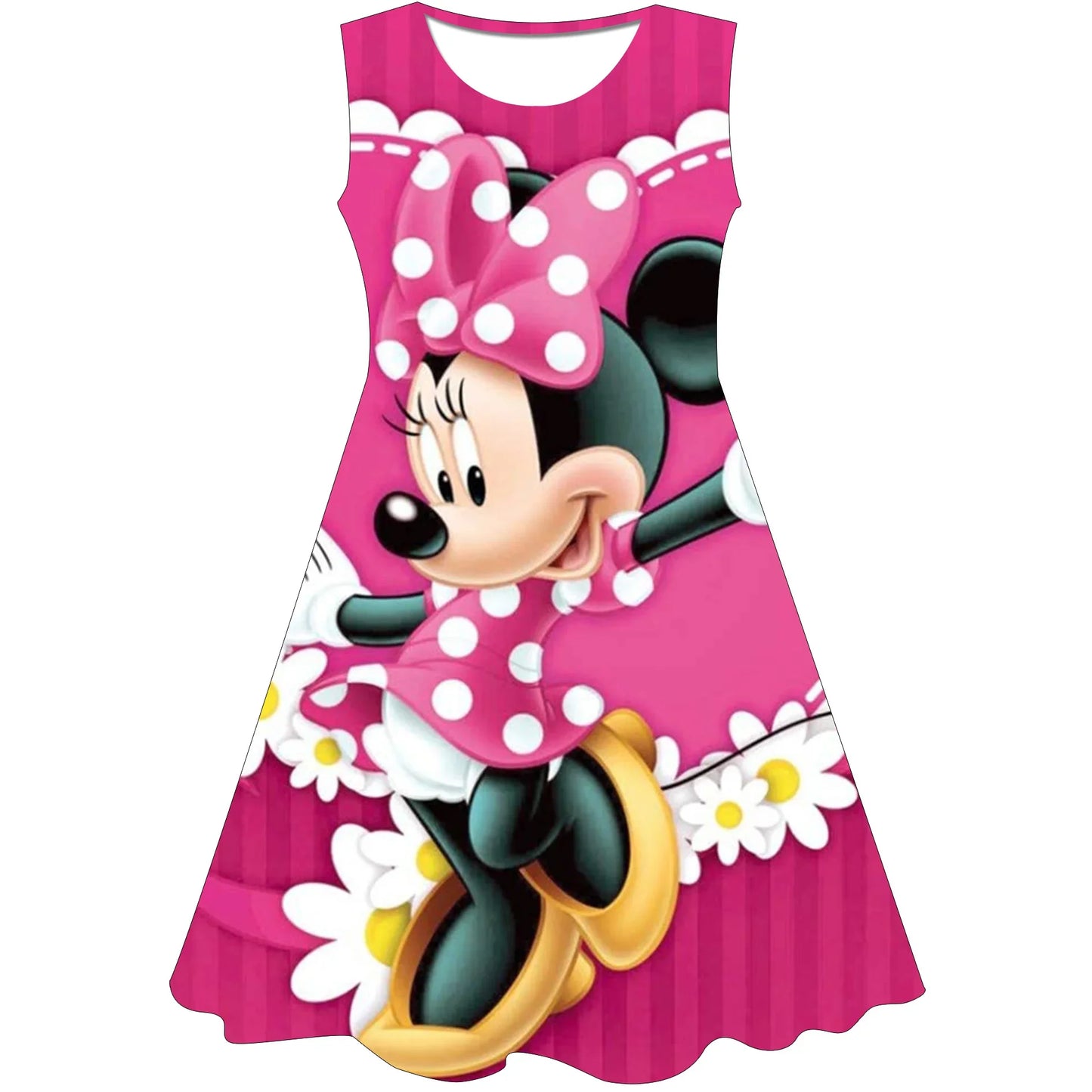 Minnie Mouse Girls Dress 2024 Summer New Girls Round Collar Disney Series Cartoon Casual Dresses Party Evening One Piece Skirts