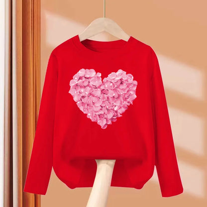 Children Long Sleeved Tops Heart Shaped Design T-shirt Girls Spring Dresses Baby Lovely Cotton Tees 3-14T