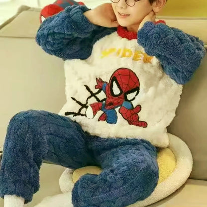 Winter Disney Children Clothing Boys Sleepwear Set Flannel Thick Long Sleeve Warm Set Pajamas Two Pieces Kids Clothes Spiderman