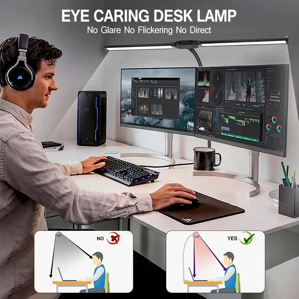 Double/Single Head LED Desk Lamp Dimmable PC Monitor Light USB Table Lamps Reading Lights Eye Protection 3 Color Mode For Office