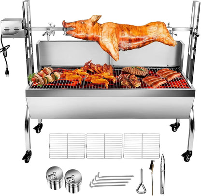 Stainless Steel Rotisserie Grill With Wind Deflector, 25W Motor Small Pig Whole Lamb Rotisserie Roaster, 80Kg Bbq Charcoal