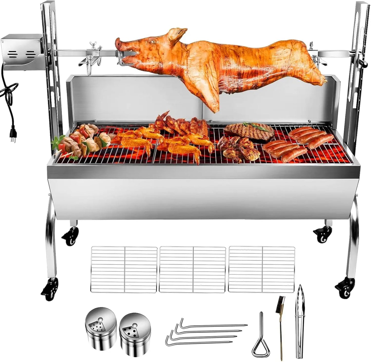 Stainless Steel Rotisserie Grill With Wind Deflector, 25W Motor Small Pig Whole Lamb Rotisserie Roaster, 80Kg Bbq Charcoal