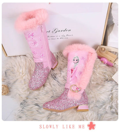 Disney Girls' High Heel Boots Winter Children's High Sleeve Plush Snow Warm Boots Princess Elsa Long Pink Blue Boots Size 26-37