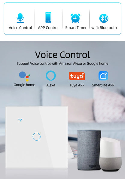 WiFi Smart Switch EU Light Wall Touch Switch 220V Need Neutral Wire Tuya Smart Life Work with Alexa Google Home 1/2/3/4 Gang