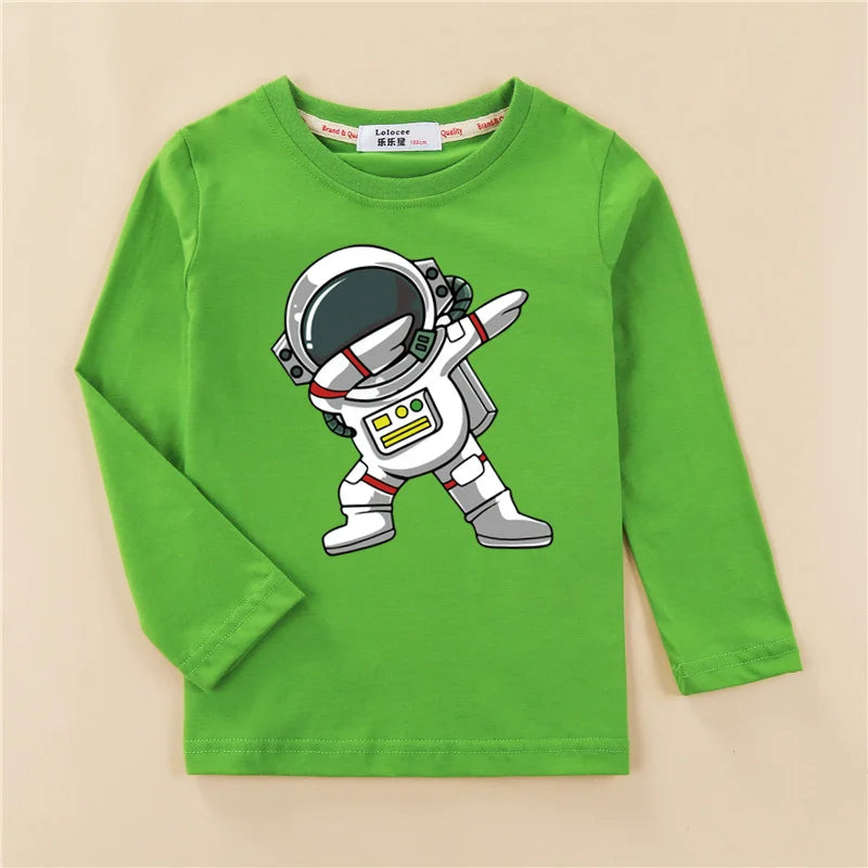 Kids Astronaut Cartoon Clothes Baby Boys Cotton Shirt Long Sleeved Cotton T-shirt Children Spaceman Tops 3-14T