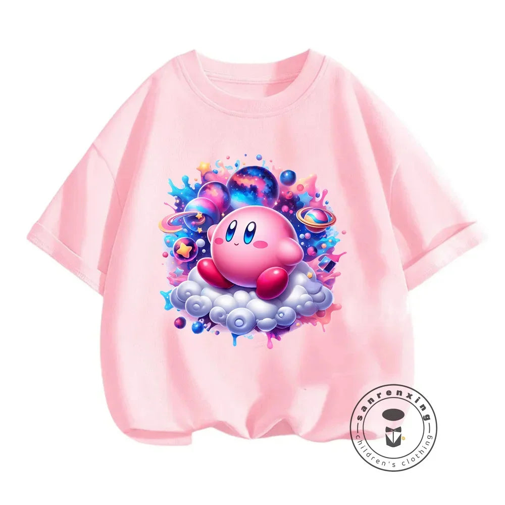 Popular Japanese Kirby Game Character Printed Summer T-Shirts for Kids 3-14 Kawaii Fashion Casual Upper Garments for Boys Girls