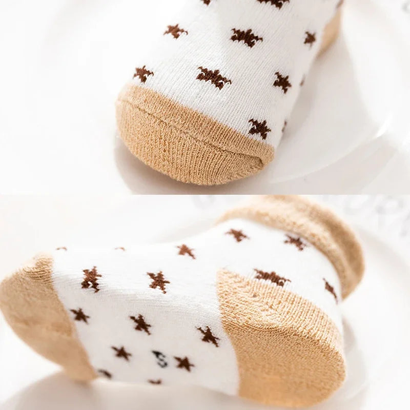 5 Pairs Autumn Winter Warm Strip Baby Sock Cute Cartoon Dot Thick Infant Floor Sock Soft Star Pattern Newborn Toddler Sock