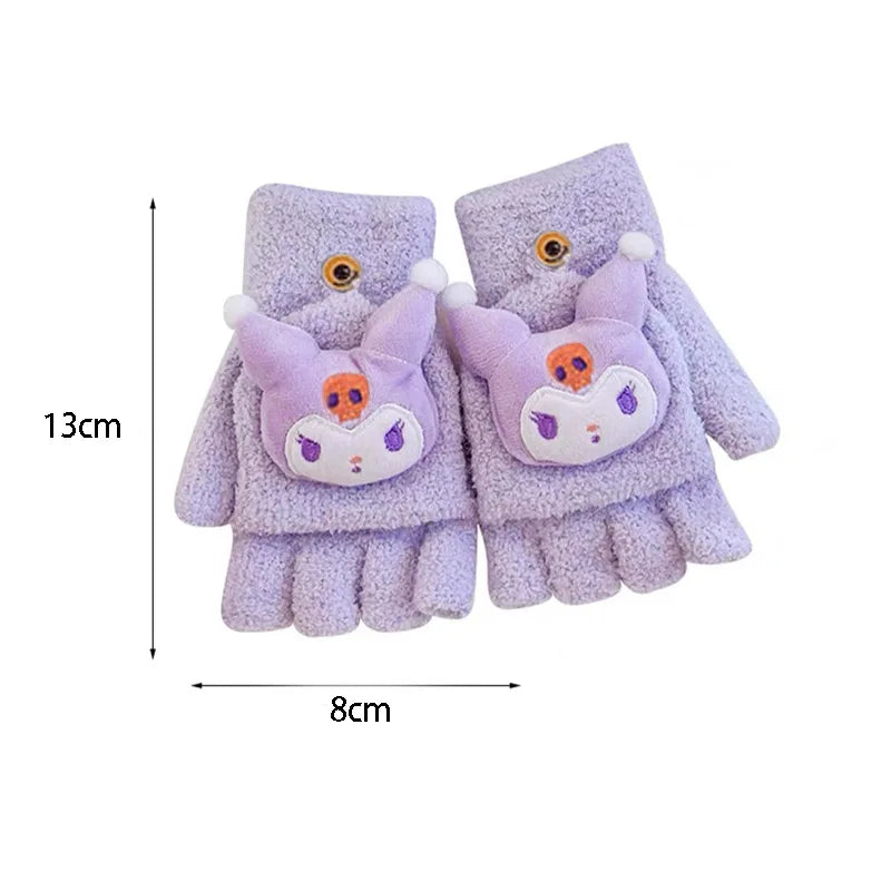 5-12 Years Children Gloves Winter Knitted Half Finger Flip Gloves Girls Boys Cute Cartoon Warm Thick Kids Mittens