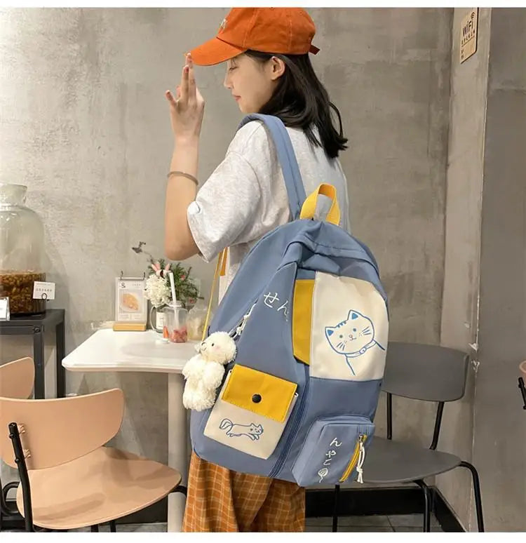 Hundreds of simple junior high school students schoolbag Large capacity primary school students schoolbag cute cat pattern