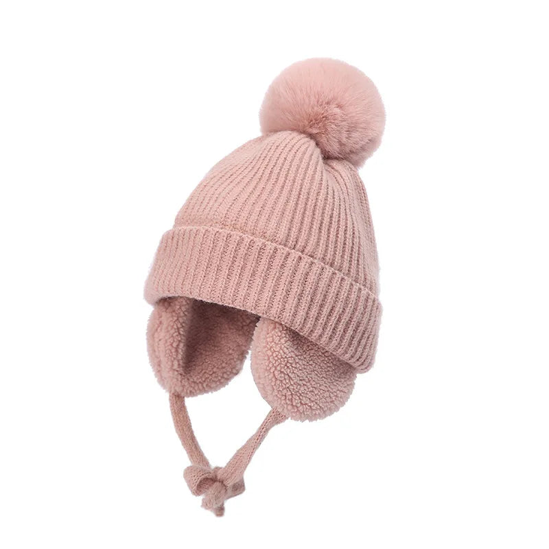 Winter Thick Baby Hat Big Pompom Beanie with Earflap Wool Plush Children Knitted Cap for Girls Boys Warm Kids Accessories 2-8T