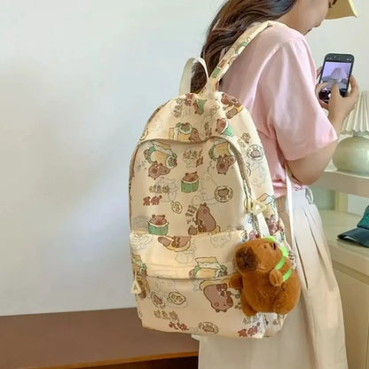 Kawaii Cartoon Capybara Backpack Funny Large Capacity Capybara School Bag Nylon Handbag Student Laptop Bag NO Pendant