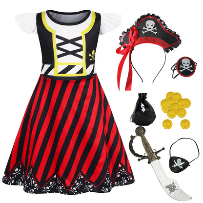 Girls Pirate Costume Dress up Kids Buccaneer Cosplay Outfits Birthday Party Dress Halloween Princess Dresses With Accessories