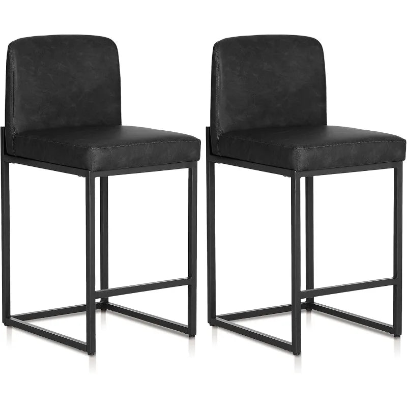 Black Counter Height Bar Stools Set of 2 for Kitchen Counter 24 Inch Faux Leather Upholstered Barstools with Back Modern