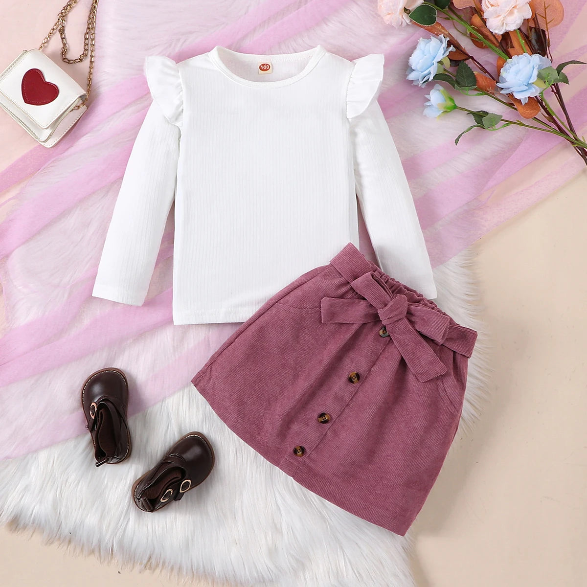 Two piece spring and autumn girl's white striped round neck long sleeved top+reddish brown fashionable casual skirt set