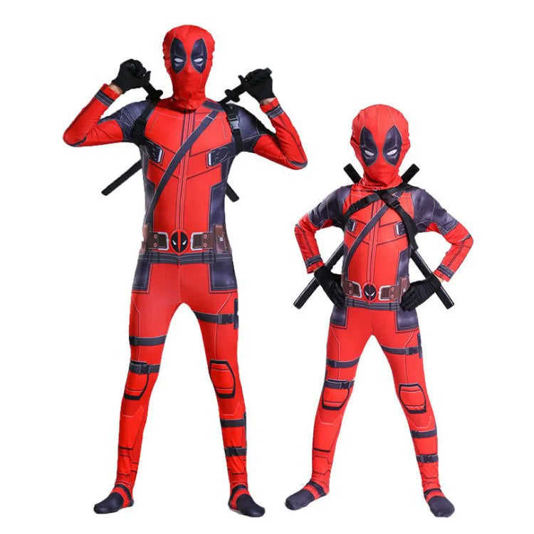 Superhero Deadpool DeadpoolMask Jumpsuit Halloween Adult and Kids Cosplay Party Costume Sword Bag Jumpsuit