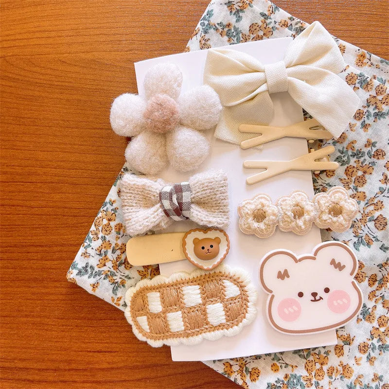 9Pcs/Lot Cartoon Baby Girls Hair Clips Korean Fabric Bow Flower Bear Hairpin Autumn Plush Barrettes Kids Hair Accessories