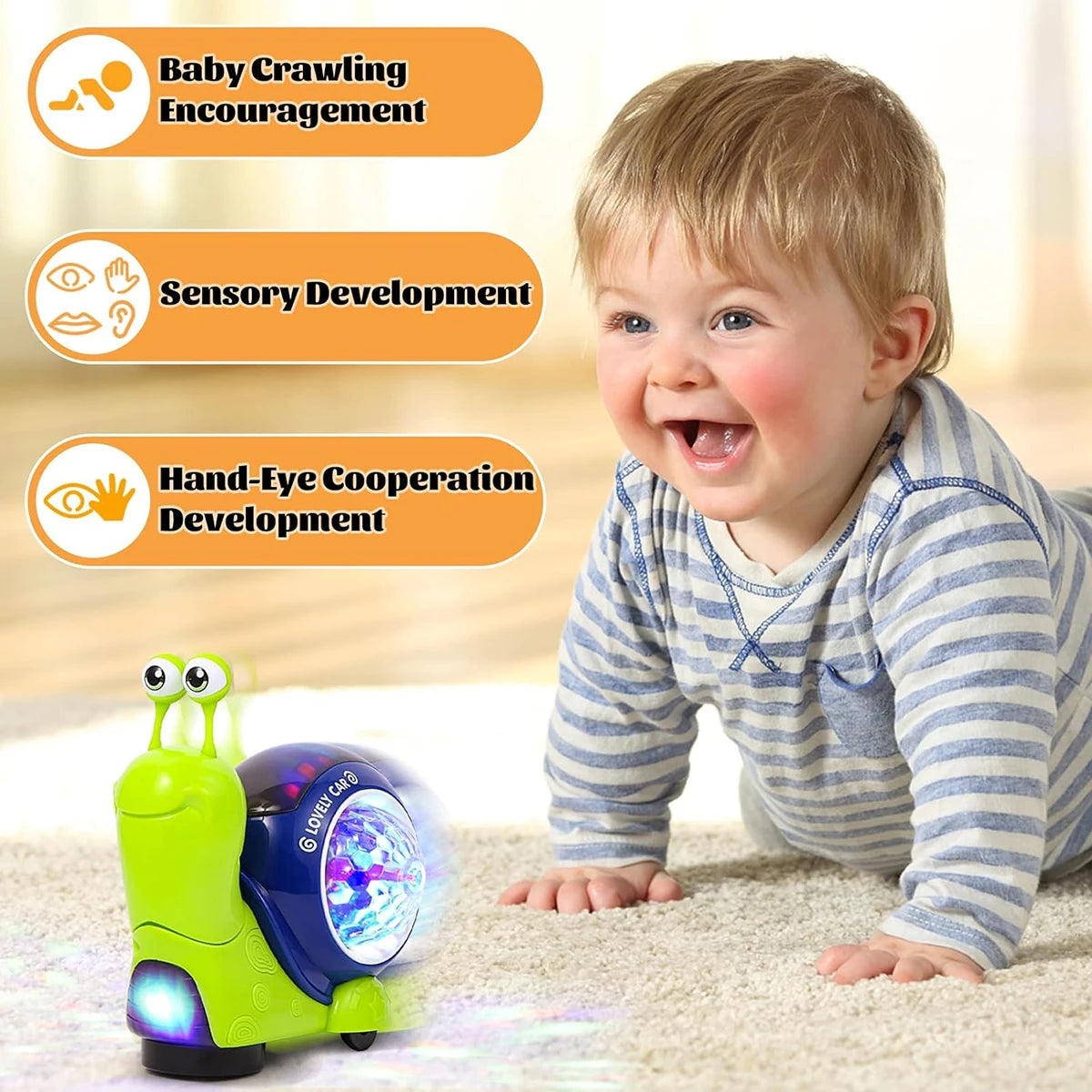 1PC Crawling Snail Baby Toy, Walking Tummy Snail Toy for Babies, Interactive Musical Light up Crawling Toys (Green snail)