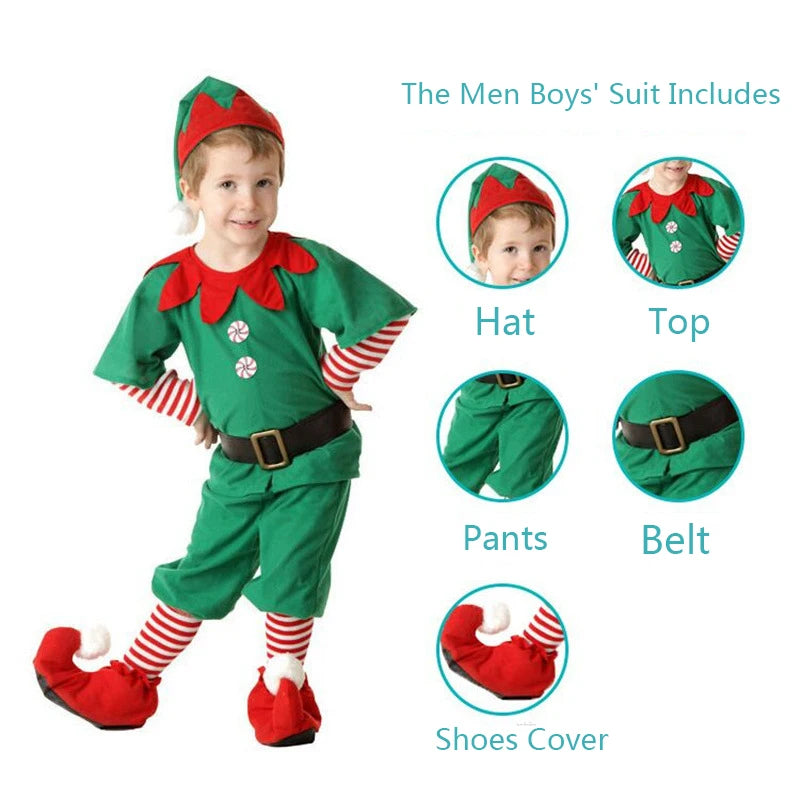 Christmas Kids Clothes Baby Cosplay Green Elf Santa Costume Toddler Xmas Suit Jumpsuit Outfit For Boys Girls Carnival Party