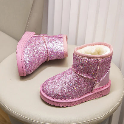 Winter Girl's Snow Boots Glimmer Three Colors Thick Fur Kids Short Boot Warm Beautiful Stylish Slip-on Children Shoes 25-36