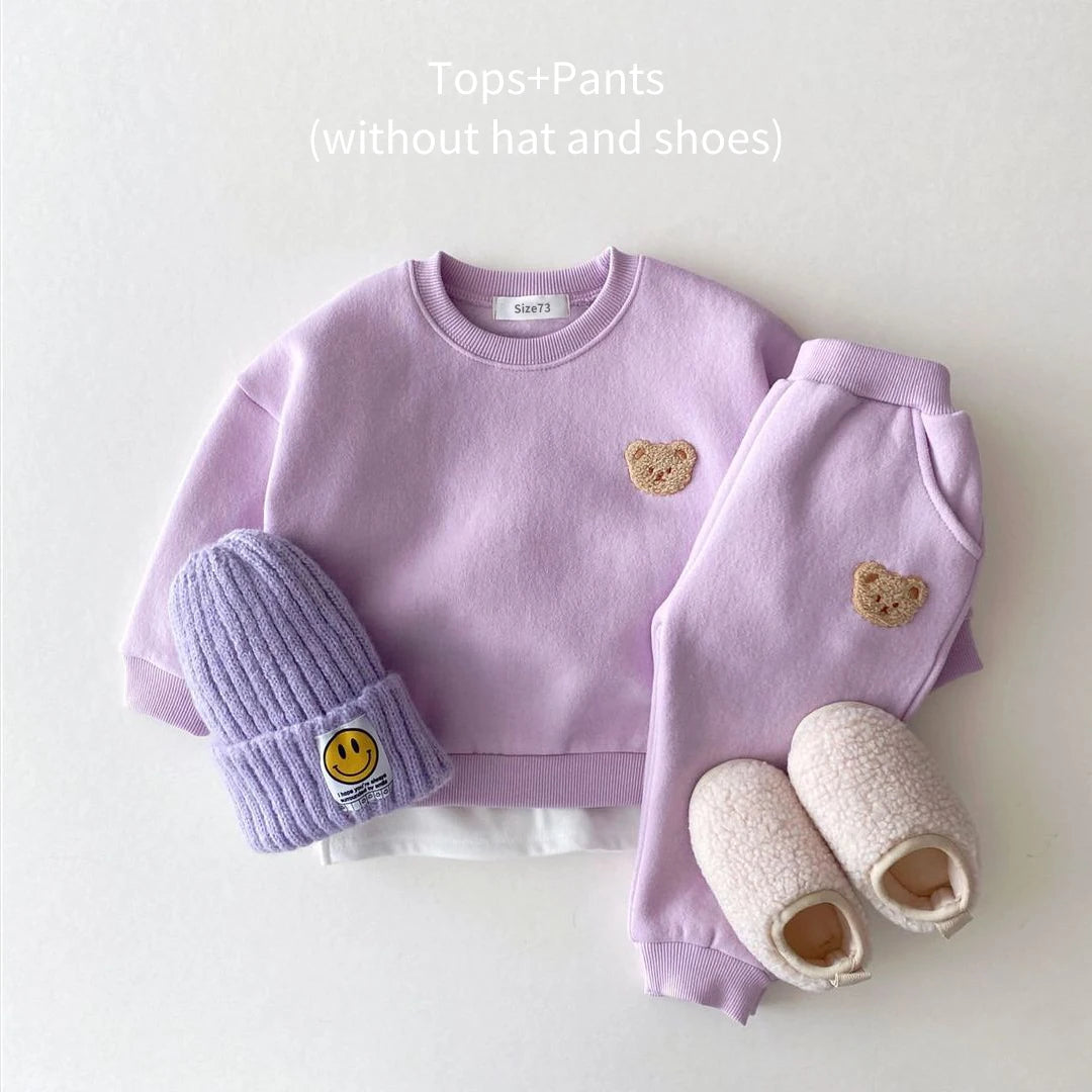 Baby Bear Embroidery  Fleece Pullover  Set  Sweatshirt Tops+Harem Jogger Pants Suits 2pcs Girls Boys  Lined Clothes