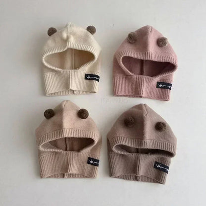 Baby Scarf Hat One-piece Knitted Cap Warm Cute Double Hairball Children Ear Protection Caps Korean Boys Girls Kid Windproof Hats