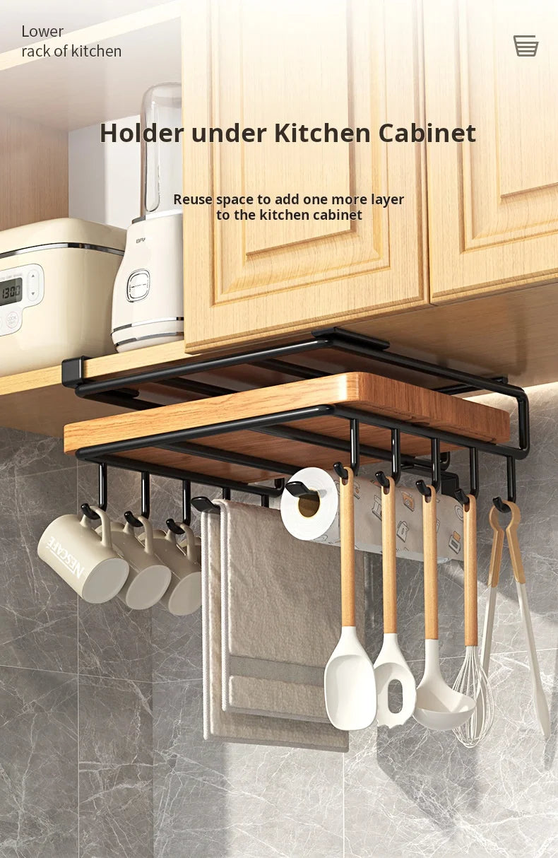 Spacesaving Kitchen Cutting Board Shelf, Undercabinet Hanging Rack for Utensils and Cooking Accessories  Easy Installation