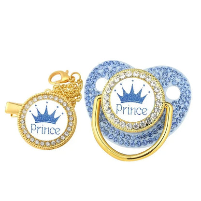 Luxury Rhinestones Baby Pacifier Chain Clips with Lid Princess Prince Crown Pacifiers Newborn Silicone Nipple Infant Shower Gift