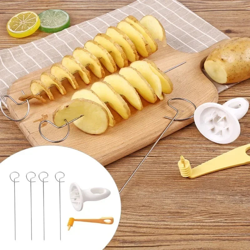 Potato Slicing Skewer Manual Rotating Tower Spiral Cyclone Potato Roll Slicing Skewer Cut Potato Roll Gadgets