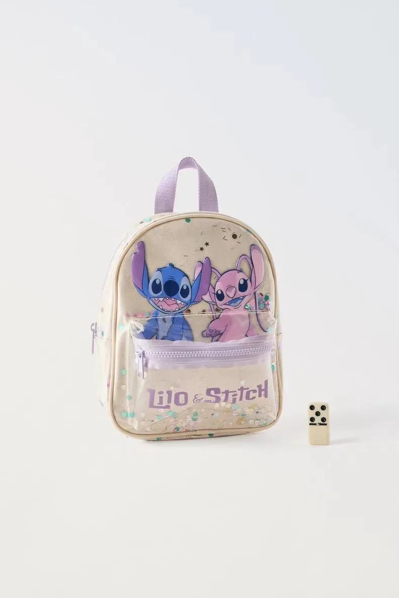 New Disney Off-white Stitch Printed Transparent Sequin Star Decoration Cute High-quality Backpack for Boys and Girls