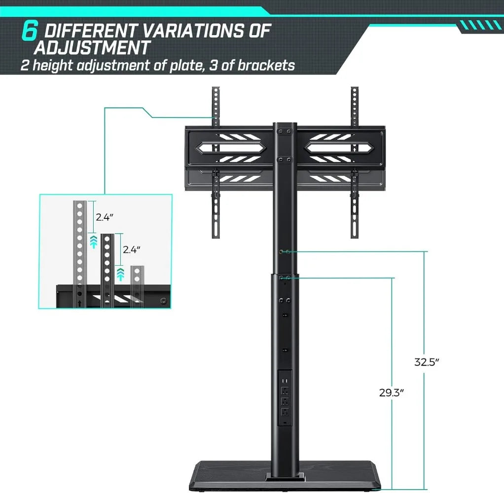 Greenstell with Power Outlet, Universal Floor TV Stand for 32-70 Inch TVs, Height Adjustable, Swivel Tall with Wood Base