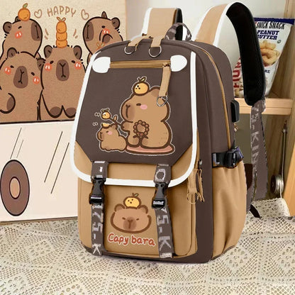 Cute Capybara Backpack Waterproof Large-Capacity Multi-Compartment Backpack Animal Print School Bag Capybara Plush Toy Included