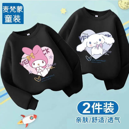 Cute Girl Kuromi Hoodies Kawaii Cinnamoroll Pullover  Two pieces Round neck Sweatshirts Cartoons Children Casual  Kids Clothes