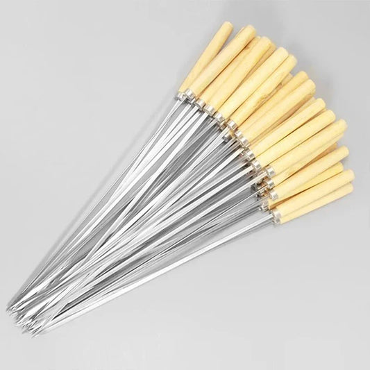 50Pcs Reusable Stainless Steel Barbecue Skewer with Wooden Handle BBQ Skewers Kebab Iron Stick for Outdoor Camping Picnic Tools