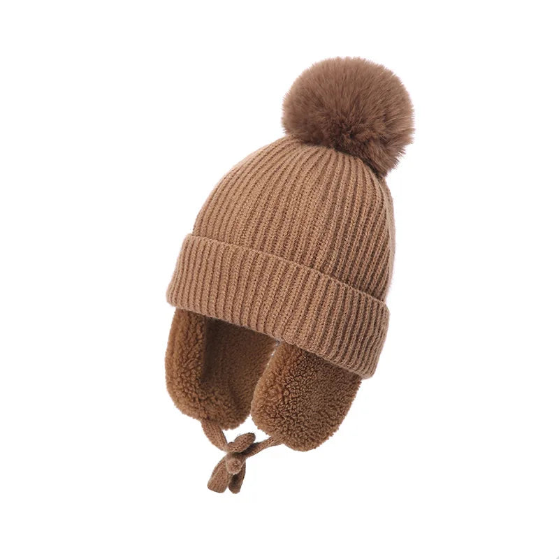 Winter Thick Baby Hat Big Pompom Beanie with Earflap Wool Plush Children Knitted Cap for Girls Boys Warm Kids Accessories 2-8T