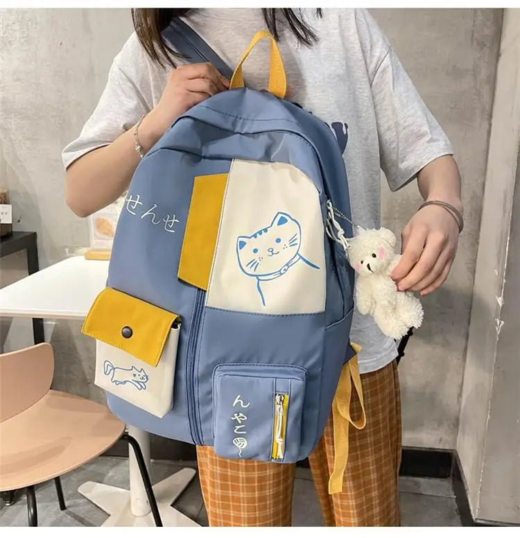 Hundreds of simple junior high school students schoolbag Large capacity primary school students schoolbag cute cat pattern