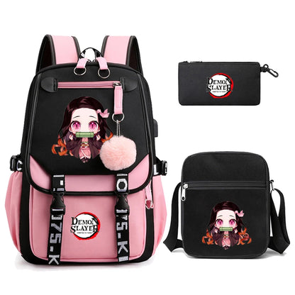 3Pcs/set Anime Kamado Nezuko Demon Slayer Backpacks for Girls School Bag Teenager Student Canvas Laptop Back Pack Women Rucksack