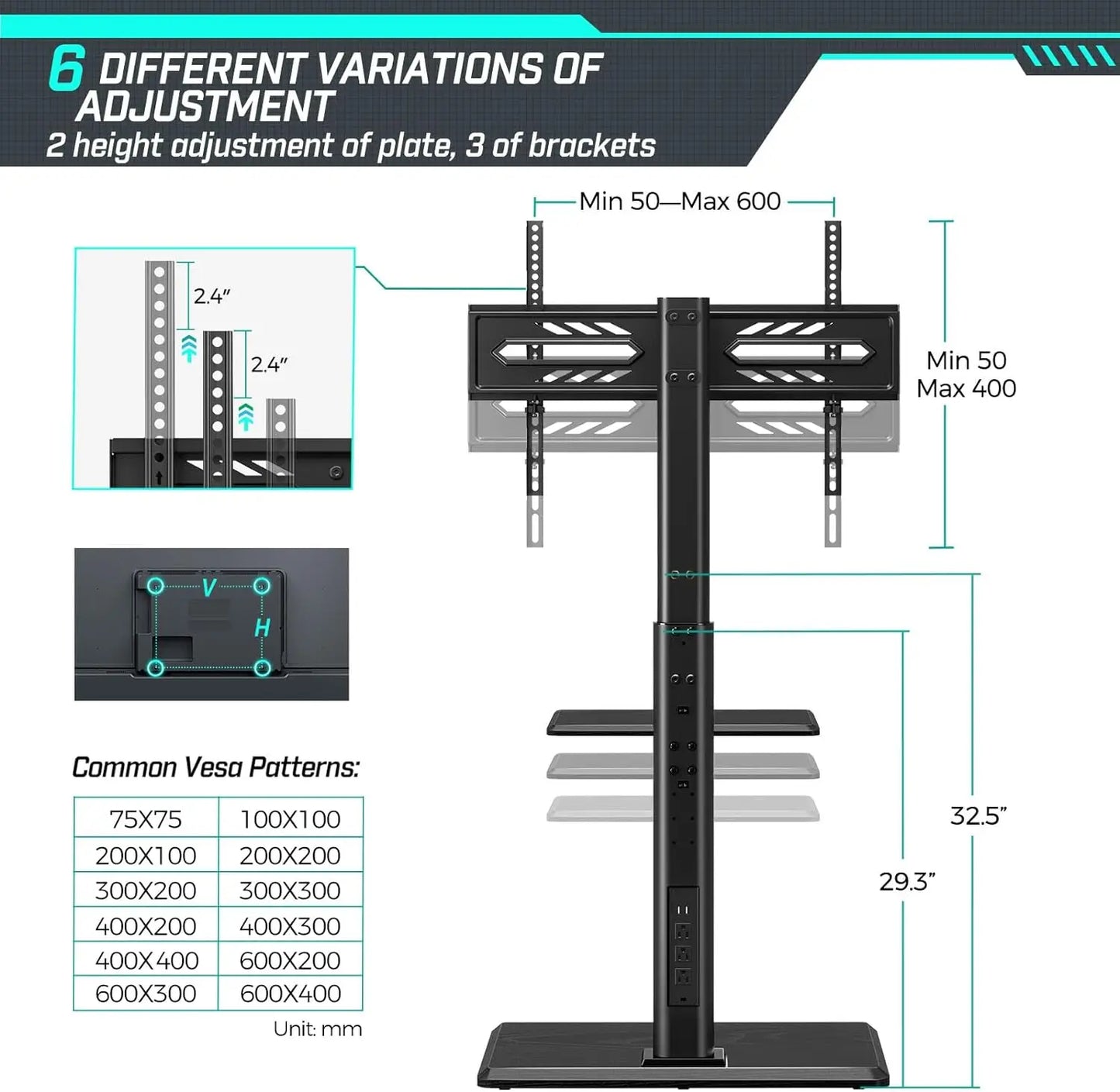 TV Stand with Power Outlet & AV Shelf, Universal Floor TV Stand for 32-70 inch TV, Swivel Tall TV Stand, Holds up to 110 LBs